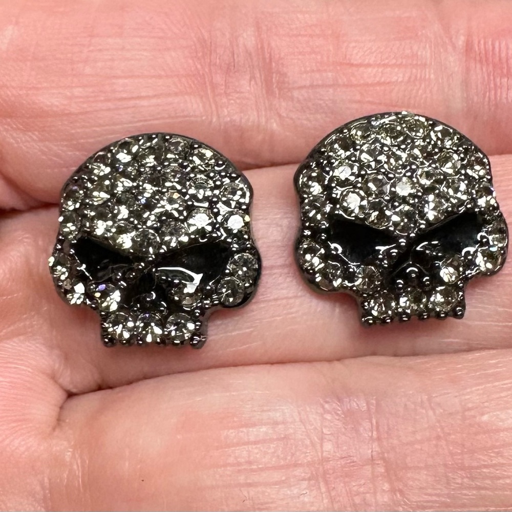 Harley-Davidson Silver and Black Skull Earrings with rhinestones.